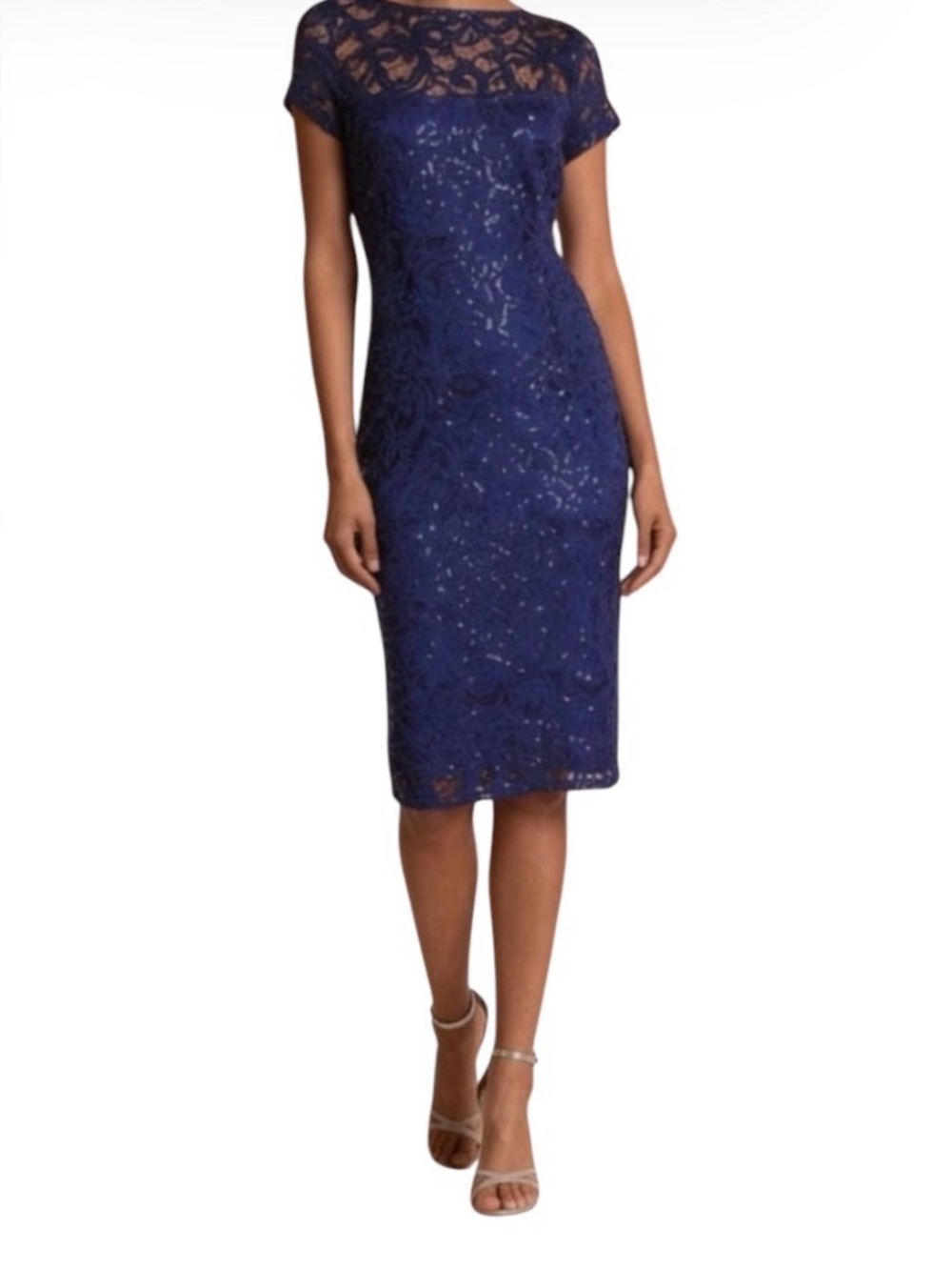 Marina Elegant Blue Sequin Lace Bodycon Stretch Cocktail Dress Size 8